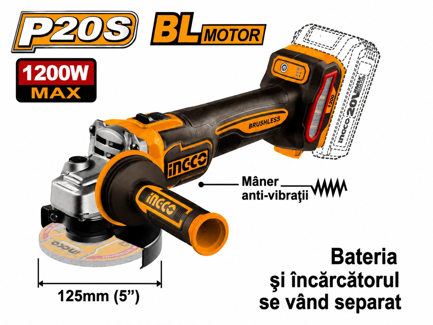 Flex Unghiular 125mm/1200W cu Motor fara Perii 20V fara Baterie si Incarcator