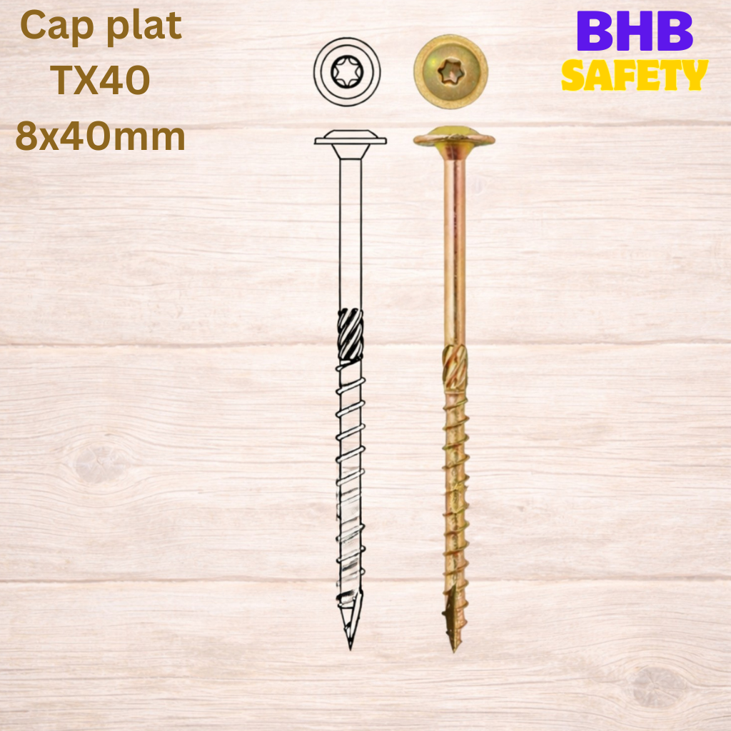 Surub dulgherie pentru lemn, galben, cap plat TX40, 8x40mm 100bucati