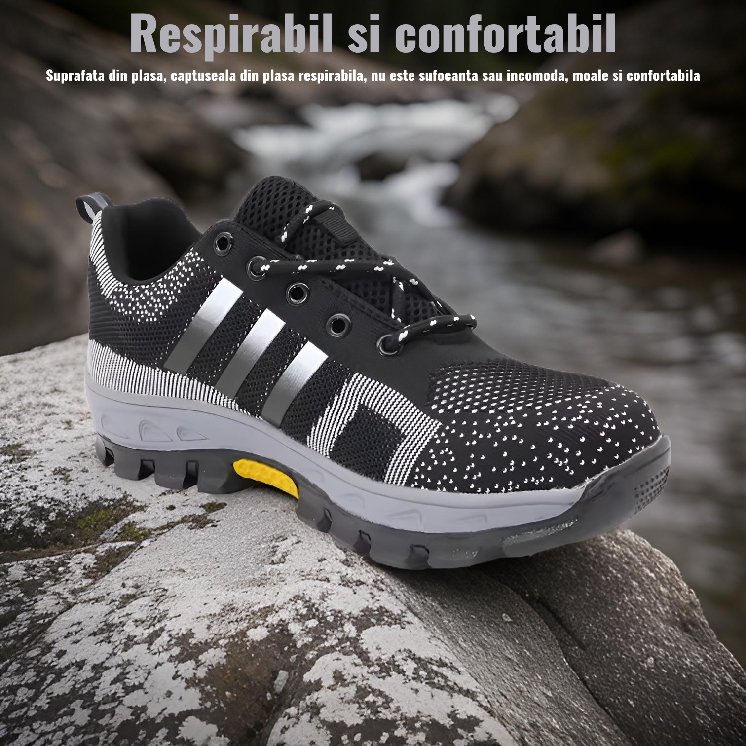 Pantofi de protectie cu bombeu metalic, din panza, usor si confortabil, design frumos, negru cu alb