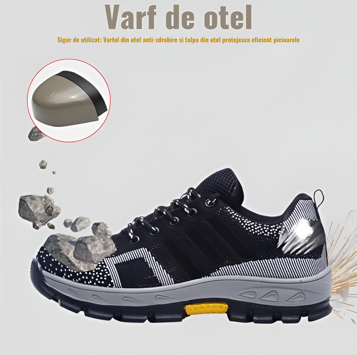 Pantofi de protectie cu bombeu metalic, din panza, usor si confortabil, design frumos, negru cu alb