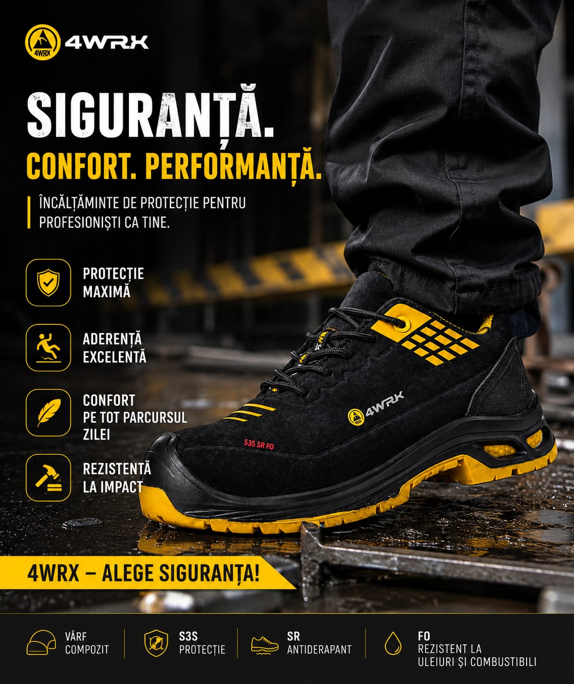Pantofi de protecție 4WRk S3S SR FO cu bombeu metalic – Negru/Galben