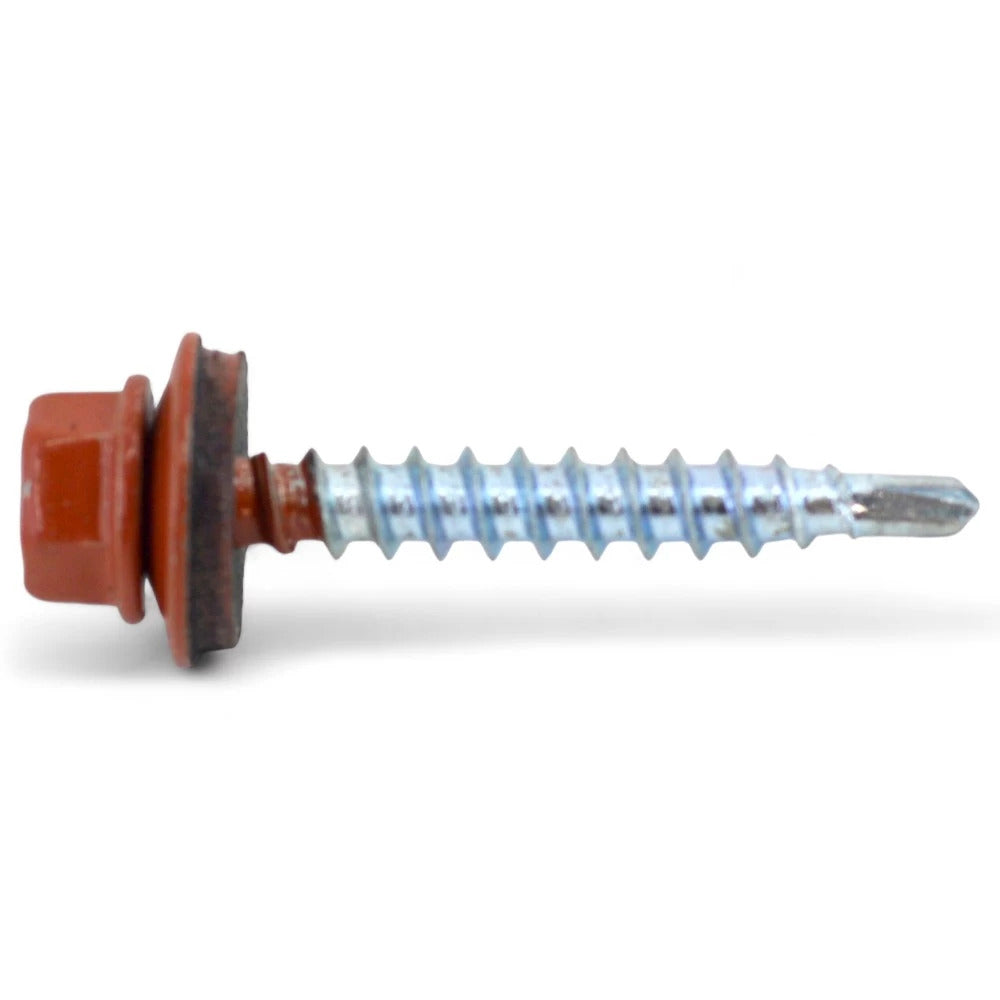 Surub autoforant pentru tigla metalica/tabla, cap hexagonal, 14mm saiba EPDM cu cauciuc, 4.8x55mm caramiziu RAL 8004- 200 buc/cutie