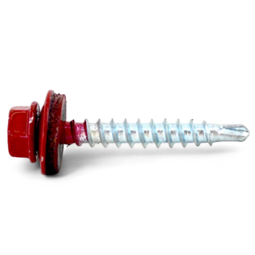 Surub autoforant pentru tigla metalica/tabla, cap hexagonal, 14mm saiba EPDM cu cauciuc, 4.8x55mm caramiziu RAL 3011- 200 buc/cutie