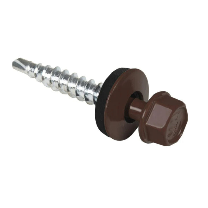 Surub autoforant pentru tigla metalica/tabla, cap hexagonal,saiba EPDM cu cauciuc, 4.8x35mm Maro RAL 8017- 250 buc/cutie